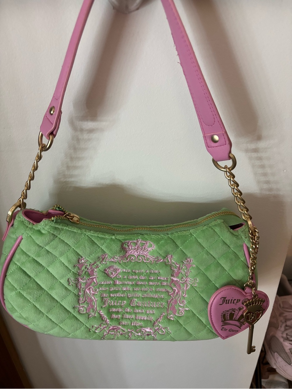Juicy Couture Green Quilted Shoulder Bag with Pink Accents
